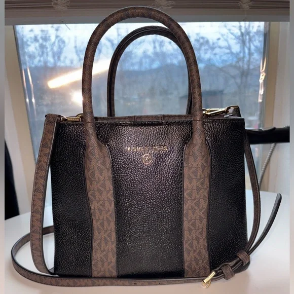 Michael Kors Black Pebbled Leather Satchel MK Logo Trim Crossbody NWOT - Picture 1 of 11